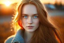Blonde Young Woman With Bright Blue Eyes In Summer Sunlight. Generative AI