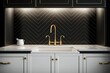An image focusing on the sink in a high end kitchen with a herringbone tile backsplash. The counter top is white marble, and the faucet is gold. Generative AI
