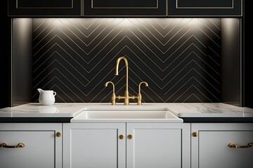 Wall Mural - An image focusing on the sink in a high end kitchen with a herringbone tile backsplash. The counter top is white marble, and the faucet is gold. Generative AI