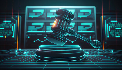 Judge gavel on background of data center. Digital law concept of duality of Judiciary, Jurisprudence and Justice and data in the modern world. Copy space. Based on Generative AI