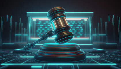 Judge gavel on background of data center. Digital law concept of duality of Judiciary, Jurisprudence and Justice and data in the modern world. Copy space. Based on Generative AI