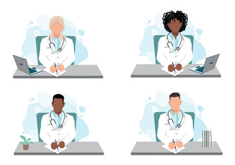 Wall Mural - The doctor consults the patient via online video link. The doctor writes a prescription and prescribes treatment online. Healthcare online. Set vector illustration isolated on white background.