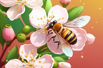 Wall Mural - a bee pollinating a white blossom. The apple blossom while the bee collects pollen. This bee is enjoying some apple blossoms. Pollen seeking honeybee on a pink bloom. Generative AI