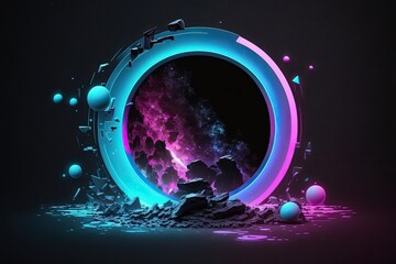 Wall Mural - Background, abstract, space, cosmic, portal, portal, pink blue neon light, virtual reality, energy source, glowing round frame, black space, ultraviolet spectrum, laser ring, rocks, ground. Generative