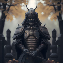 A Macabre But Magnificent Futurist Samurai In A Cemetery Wearing A Black Armor 3d AI Illustration