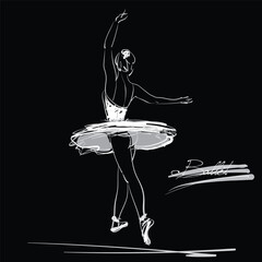 Poster - art sketch of beautiful young ballerina bow to the audience after the performance; white tutu, ballet shoes, ballet dancer; white drawing isolated vector on black