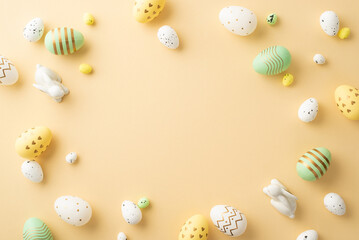 Wall Mural - Easter concept. Top view photo of green white yellow easter eggs and ceramic easter bunnies on isolated pastel beige background with copyspace in the middle