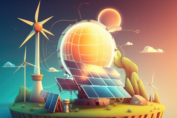 Wall Mural - Concept of renewable energy with a photomontage of a sunset and solar panels, photovoltaics, and other alternative electricity sources. Generative AI