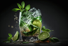 Refreshing And Summery Mojito With Fresh Mint Leaves And Lime. Ai Generated Art
