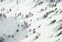 Aerial View Of A Crowd Walking On A White Background, Unrecognizable People. Ai Generated.