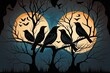 Cartoon of crows perched in the trees at night. Generative AI