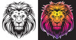Lion head vector image front view on dark background. Lion face line art sticker and logo template.