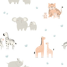 Seamless Pattern With Cute African Baby Animals And Their Mothers On White Background.