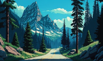 Sticker - a painting of a mountain road with trees and mountains in the background. generative ai