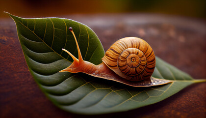 A snail crawling on a leaf generative AI