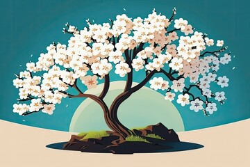 A clear spring sky and a blooming cherry tree. Cherry blossom tree illustration with blank copy area. Generative AI