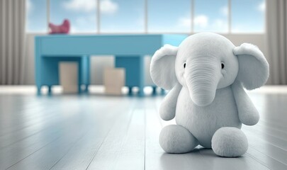 Poster -  a stuffed elephant sitting on a hard wood floor in a room.  generative ai