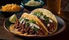  Two Tacos On A Plate Next To A Bowl Of Rice And A Drink.  Generative Ai