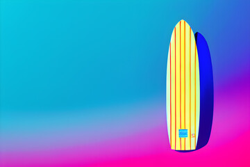 Wall Mural - Illustration of a yellow with red stripes surfboard on a blue background. Empty space for writing. Generative AI