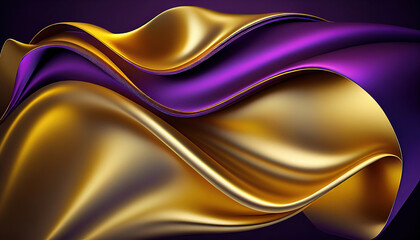 Abstract background with 3D wave bright gold and purple gradient silk fabric