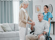 Disability, doctor or old couple holding hands in rehabilitation for support, empathy or solidarity together. Physiotherapy healthcare, wheelchair or medical nurse nursing elderly disabled patient