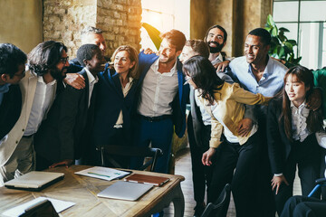 Wall Mural - Multiracial business people having fun working inside corporate office - Focus on african woman