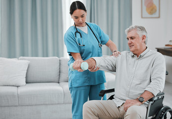 Canvas Print - Disability, nurse or old man with dumbbell in wheelchair moving arm for muscle strength in rehabilitation. Physiotherapy healthcare, nursing or medical doctor consulting disabled elderly patient