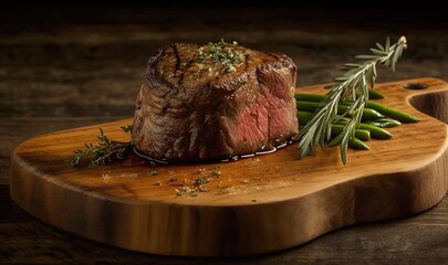 Wall Mural -  a piece of steak on a cutting board with a sprig of rosemary.  generative ai