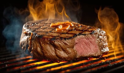 Sticker -  a steak on a grill with flames coming out of it.  generative ai