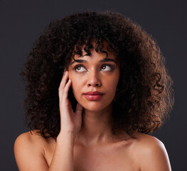 Wall Mural - natural, beauty and black woman in studio for hair, treatment or body care on black background. face