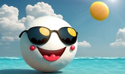 Poster -  an egg with sunglasses and a sun in the sky above it.  generative ai