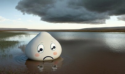  a sad looking rock in a lake with a dark sky in the background.  generative ai