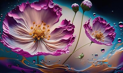  a painting of two pink flowers with water droplets on them.  generative ai