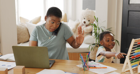 Poster - Laptop, phone call and busy mother with kid for work from home, child education care and administration management job in living room. Productivity, cellphone and black woman mom with baby attention