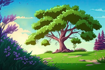 Wall Mural - a blossoming tree in the background of a natural scene. Generative AI