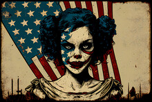 American Flag Of The United States Of America Background With A Distressed Vintage Weathered Effect And A Ghoulish Zombie Woman Ghost, Computer Generative AI Stock Illustration Image