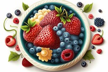 A Bowl Of Fresh Berries And Cream For Breakfast, Lunch, Or Dinner. This Is A Great Perspective. Strawberries, Blueberries, Raspberries, Blackberries, And Red Currants, All Photographed Up Close From A