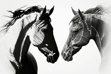 Poster - Black and white photograph of two horses. Equine romance. Generative AI