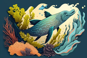 Wall Mural - A marine reptile and a flowering sea fan. Generative AI