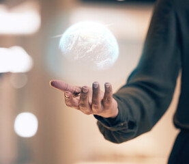 Wall Mural - globe, hologram and person hands for global networking, digital world overlay and futuristic busines