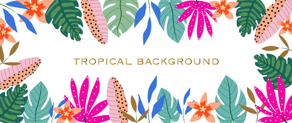 Wall Mural - Vector illustration. Tropical background. Boho leaves, monstera, botanical tropical leaves and floral pattern. Perfect for home decor, wallpaper, wall art, social media post and story background.