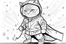 An Adult Coloring Book For Kids The Cat Is A Super Hero. The Feline Is A Savior. That Youngster Wearing A Raincoat. Generative AI