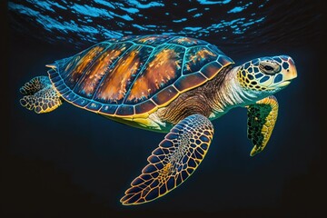 Wall Mural - a brightly colored turtle swimming in a deep blue sea. Photographs taken while snorkeling with a turtle. Marine animals and fish. Meeting aquatic life when scuba diving. Generative AI