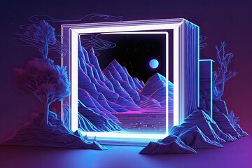 Wall Mural - electronic equivalent of the actual world. purple and blue in the future a square, neon lit frame. m