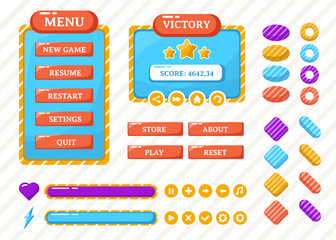 Design for Complete set of score button game pop-up, icon, window and elements