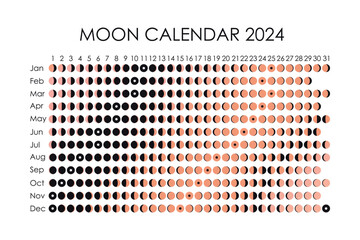 2024 Moon calendar. Astrological calendar design. planner. Place for stickers. Month cycle planner mockup. Isolated black and white background