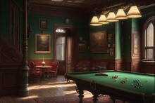 billiard room with a retro atmosphere, with a large table and beautiful lights