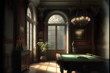 Billiard Room With A Retro Atmosphere, With A Large Table And Beautiful Lights