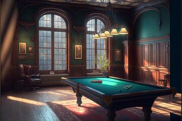 Wall Mural - billiard room with a retro atmosphere, with a large table and beautiful lights