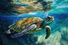 A Critically Endangered Hawaiian Green Sea Turtle Enjoys A Swim In The Warm Pacific Waters Off The Coast Of Hawaii. Generative AI
